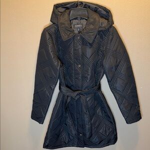 Jones New York NWT Black Quilted Hood Jacket Belted Button Up Parka Coat New S